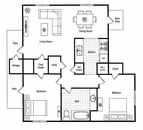 Floor plan for 2 beds, 2 baths, 884 sqft